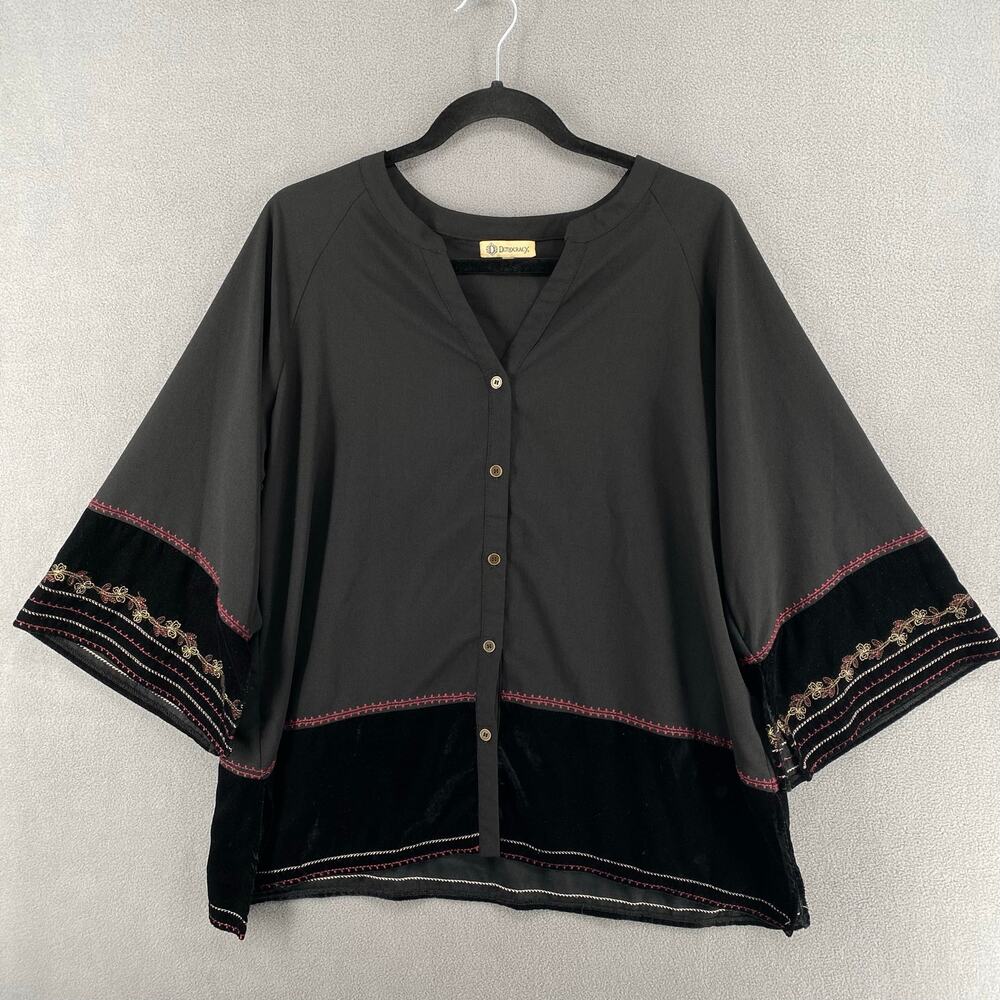Democracy Wide Sleeve Boho Button Down‎ Blouse Womens M Black Witchy Whimsigoth